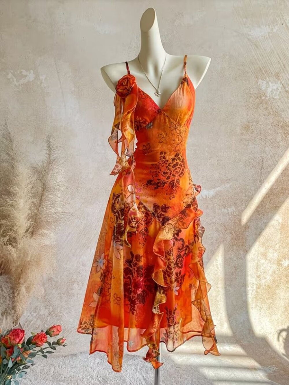 Summer Floral Ruffle Dress Orange